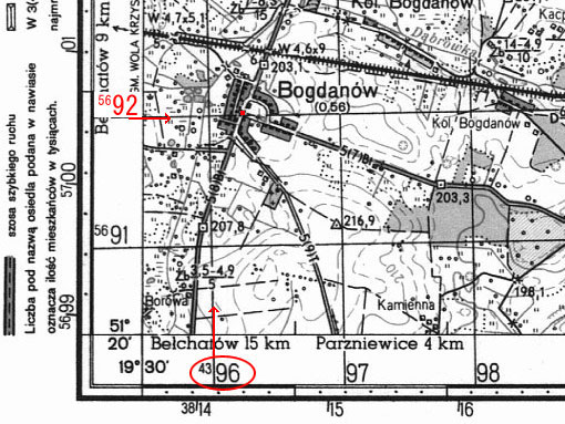 Układ Pułkowo 1942. Pomiar długości i szerokości geograficznej według siatki kilometrowej.